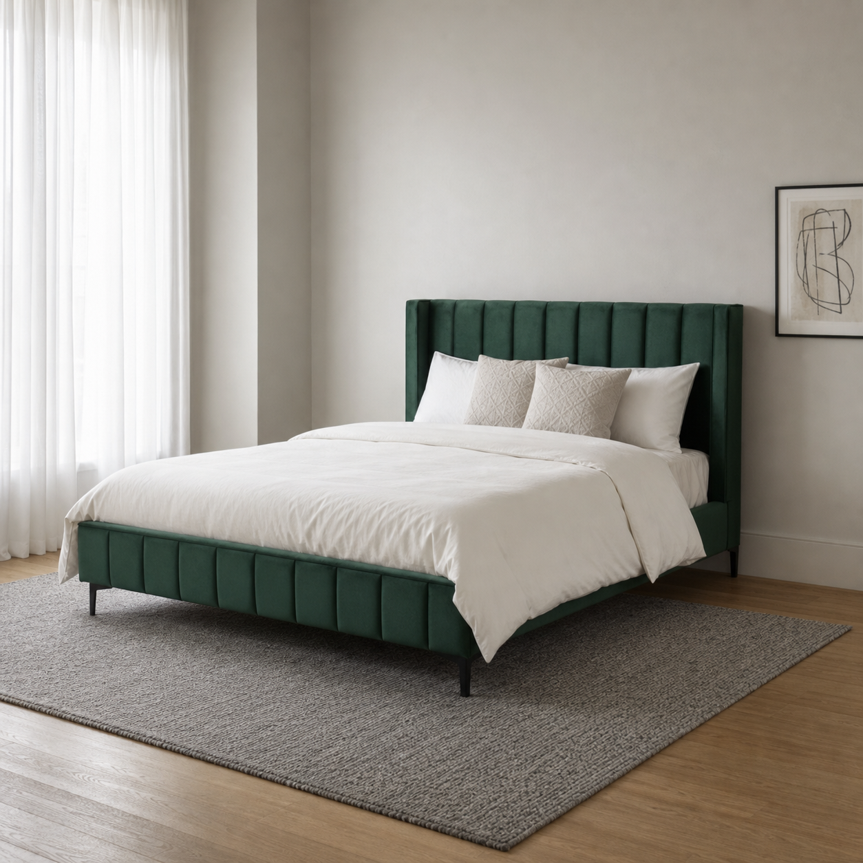 Bea - Bed, complete front three-quarter bed view in a restrained bedroom