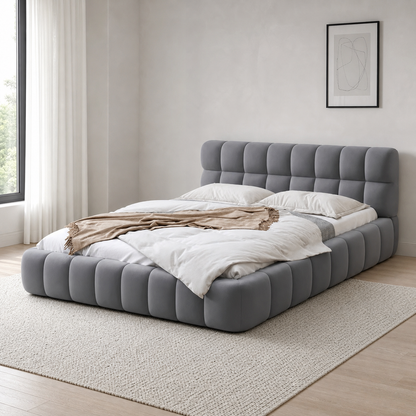 Bixed - Bed, complete front three-quarter bed view in a restrained bedroom