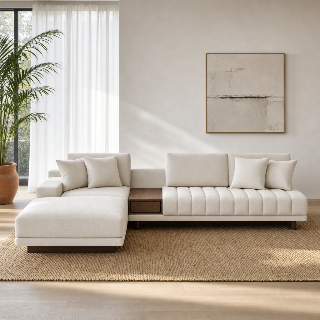 Bliss L-Shape Sectional Sofa in ivory fabric, front view in a bright modern living room