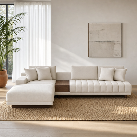 Bliss L-Shape Sectional Sofa in ivory fabric, front view in a bright modern living room