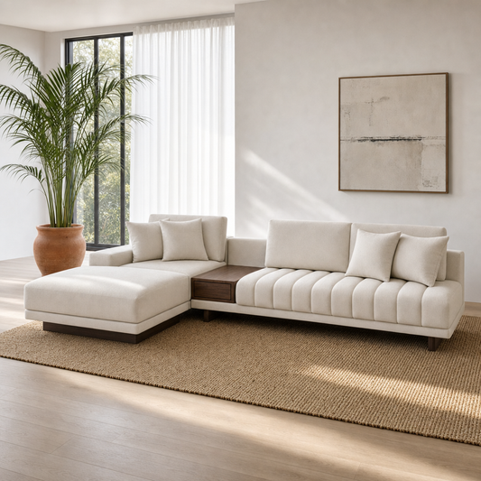 Bliss L-Shape Sectional Sofa, three-quarter angle showing chaise and walnut side table