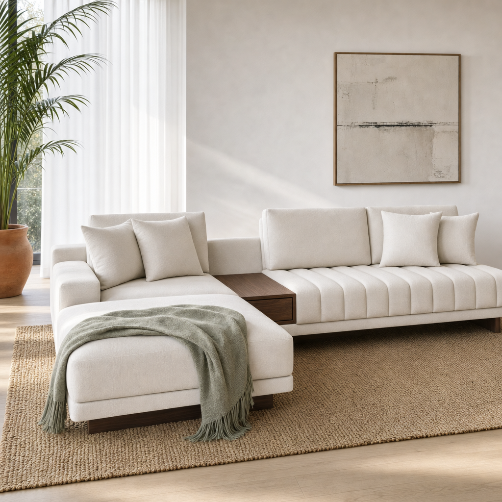 Bliss L-Shape Sectional Sofa styled with a sage-green throw on the chaise