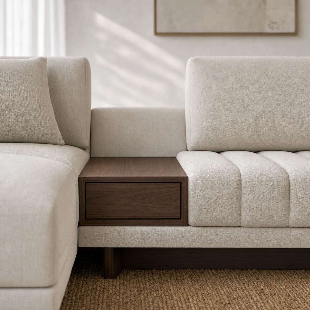 Close-up of the Bliss sofa's channel-tufted seat and walnut drawer side table