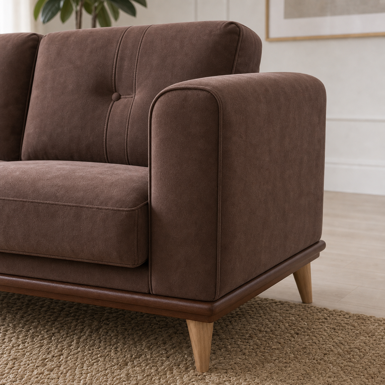 Detail view of Bloom - 3+2+1 Sofa Set upholstery, seams, base, and legs