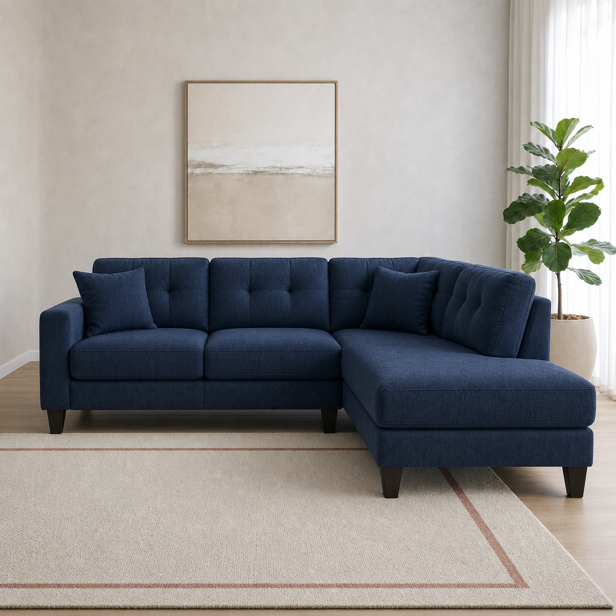 Vivid blue 2 seater sectional rhs room view