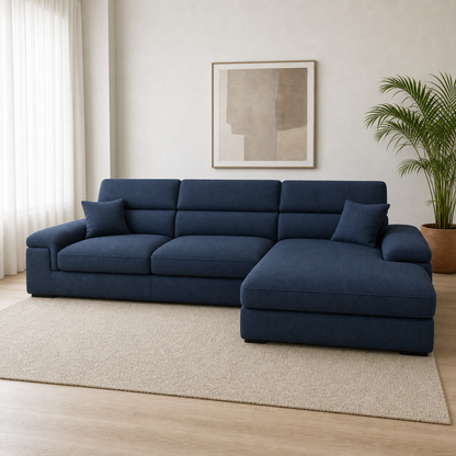 Luxe blue 2 seater sectional rhs room view