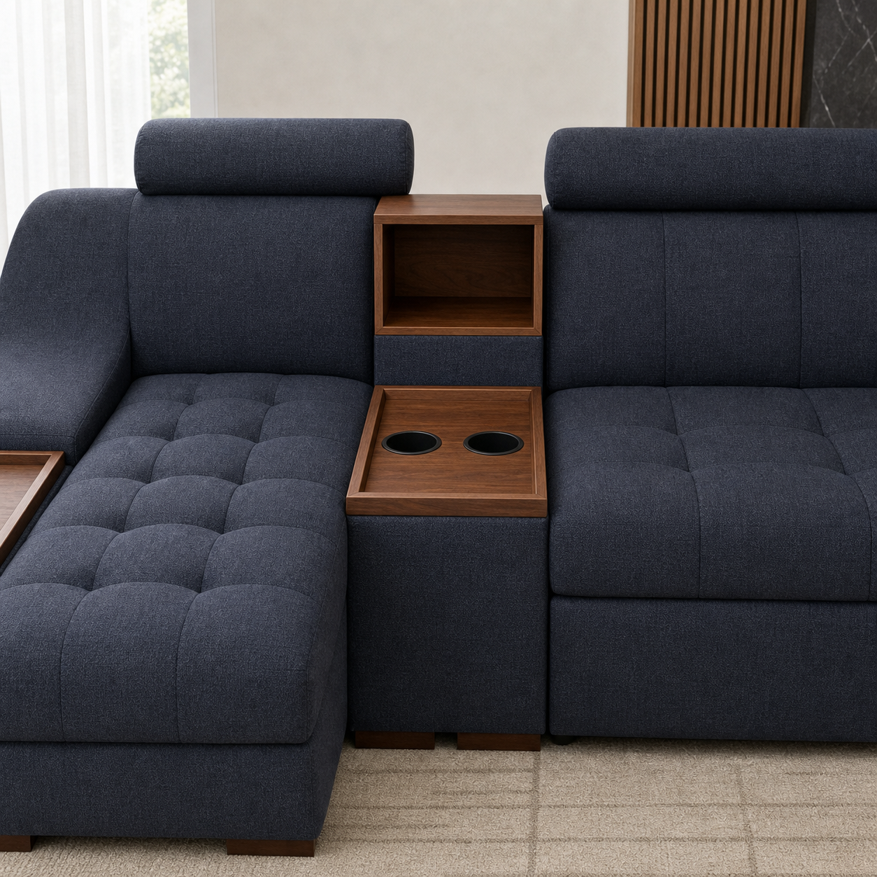 Opal sectional sofa blue upholstery and construction close-up