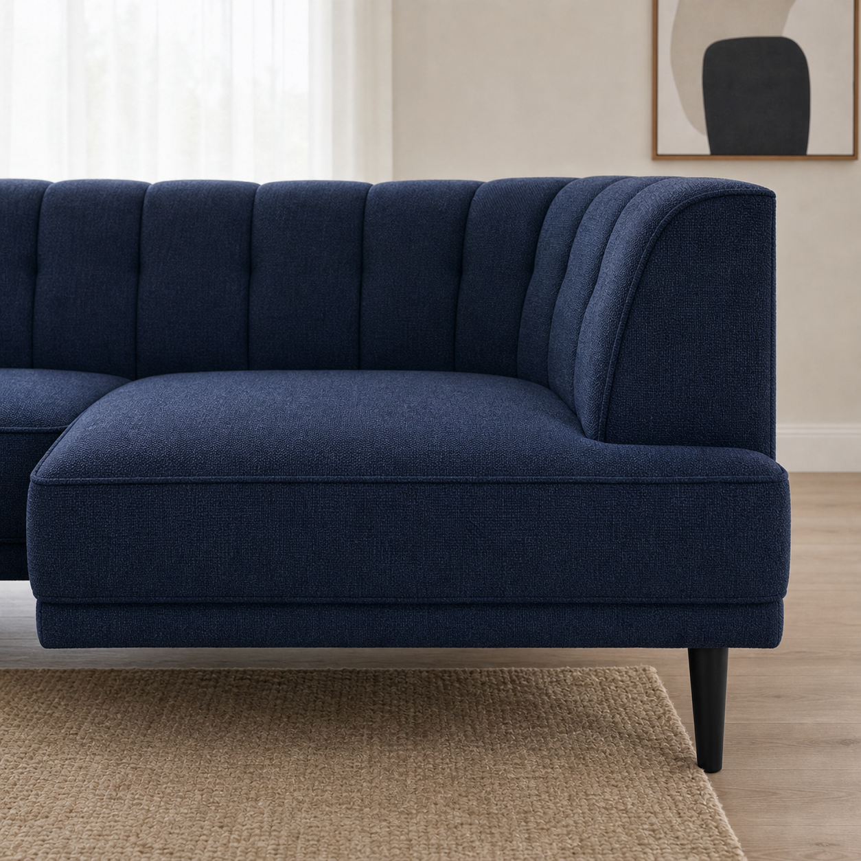 Flar sectional sofa blue upholstery and construction close-up