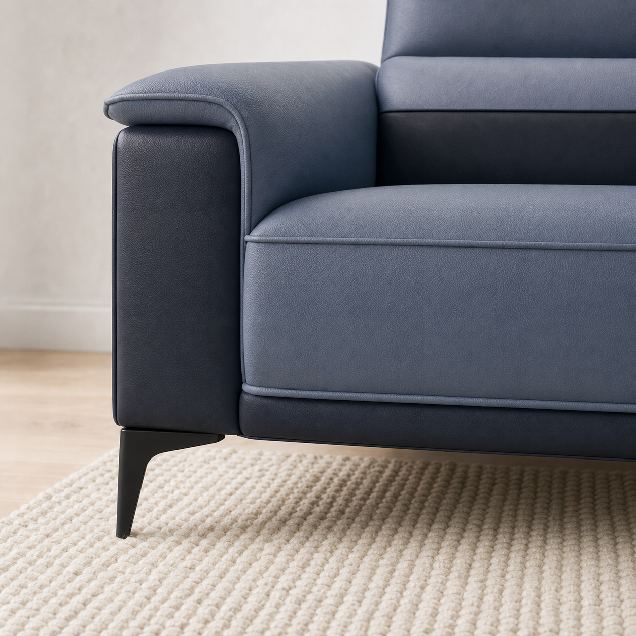 Muse sectional sofa blue upholstery and construction close-up