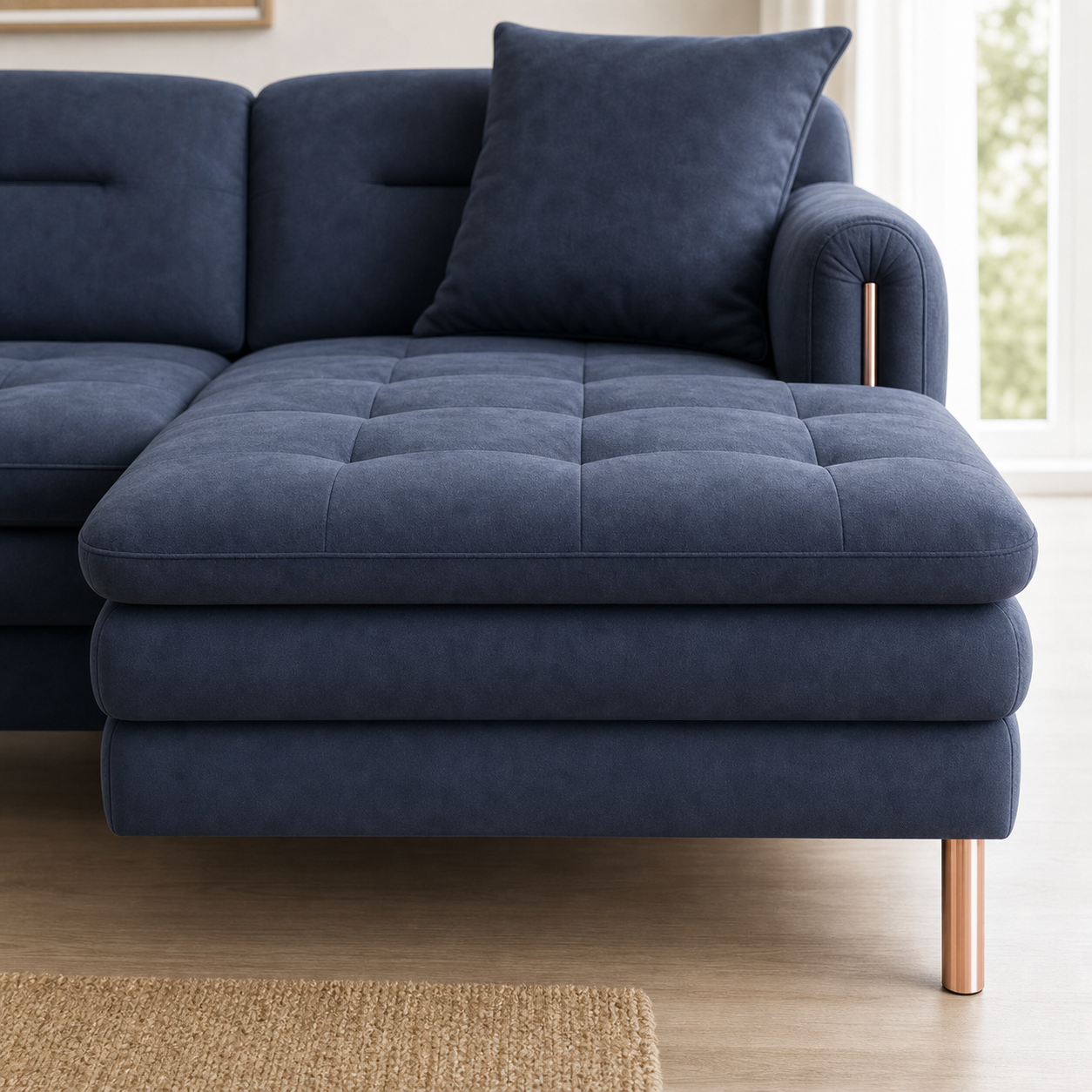 Terra sectional sofa blue upholstery and construction close-up