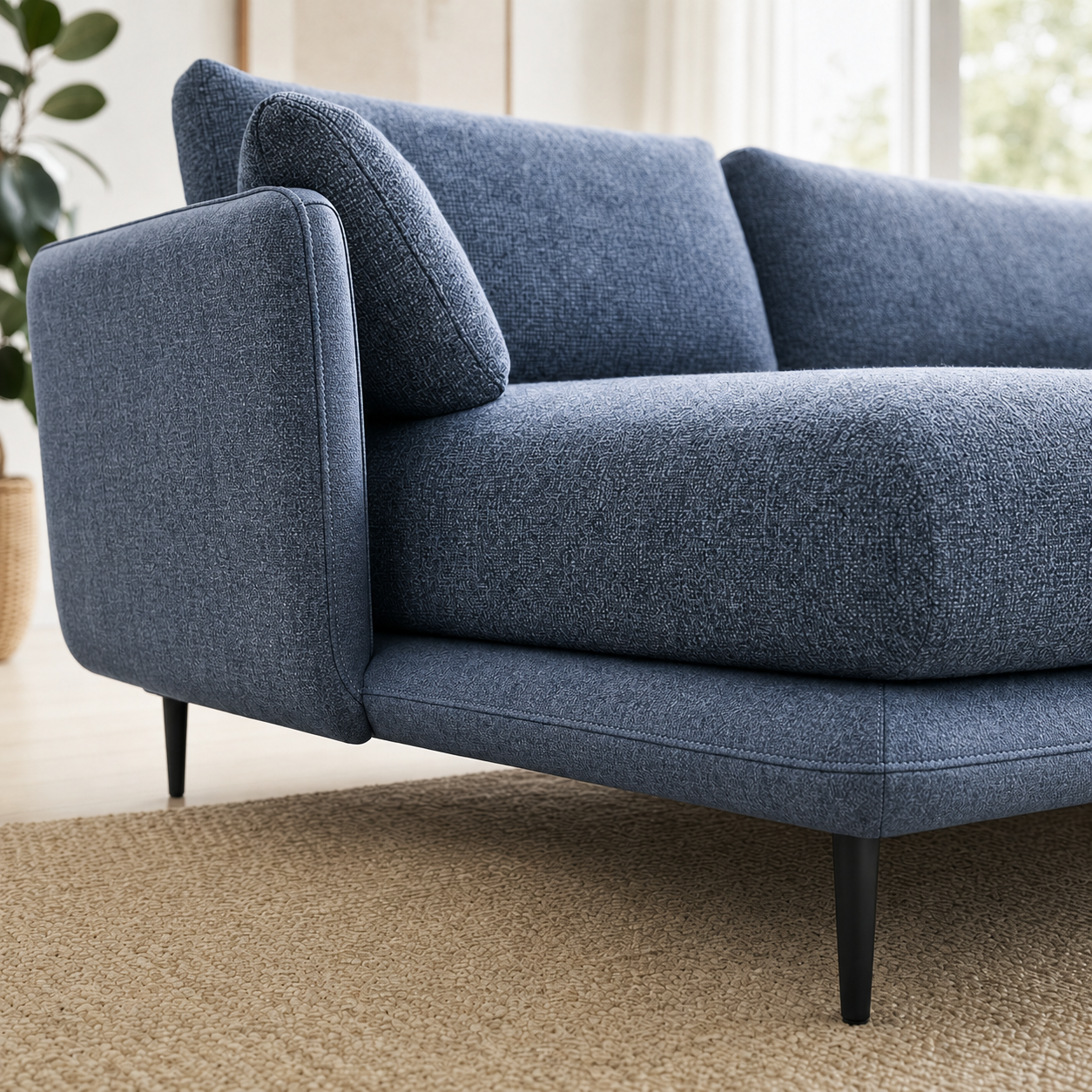 Eden sectional sofa blue upholstery and construction close-up