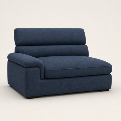 Luxe sectional sofa blue upholstery and construction close-up