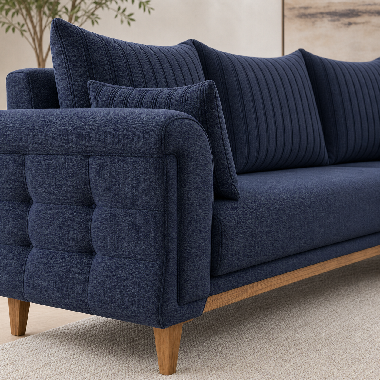 Haven sectional sofa blue upholstery and construction close-up
