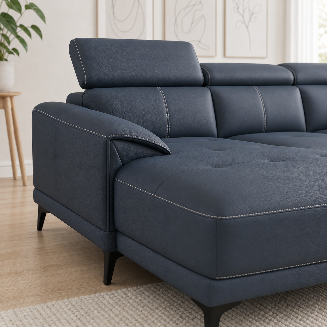 Unity sectional sofa blue upholstery and construction close-up