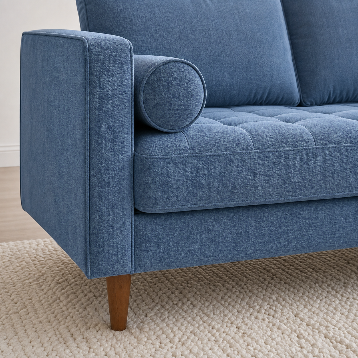 Aura sectional sofa blue upholstery and construction close-up