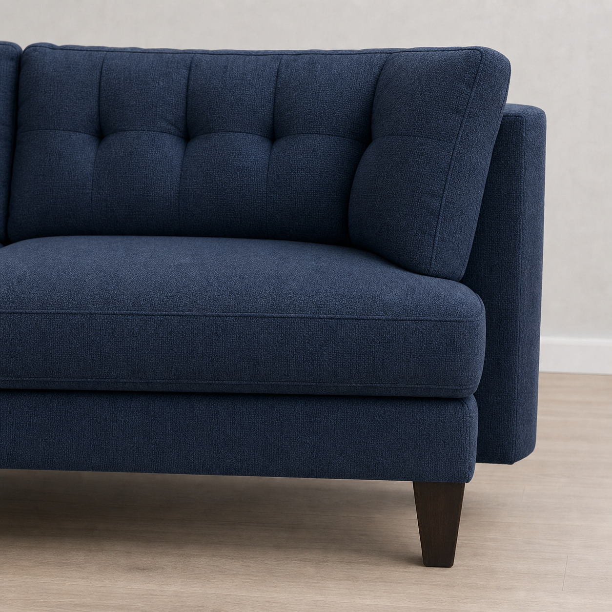 Vivid sectional sofa blue upholstery and construction close-up