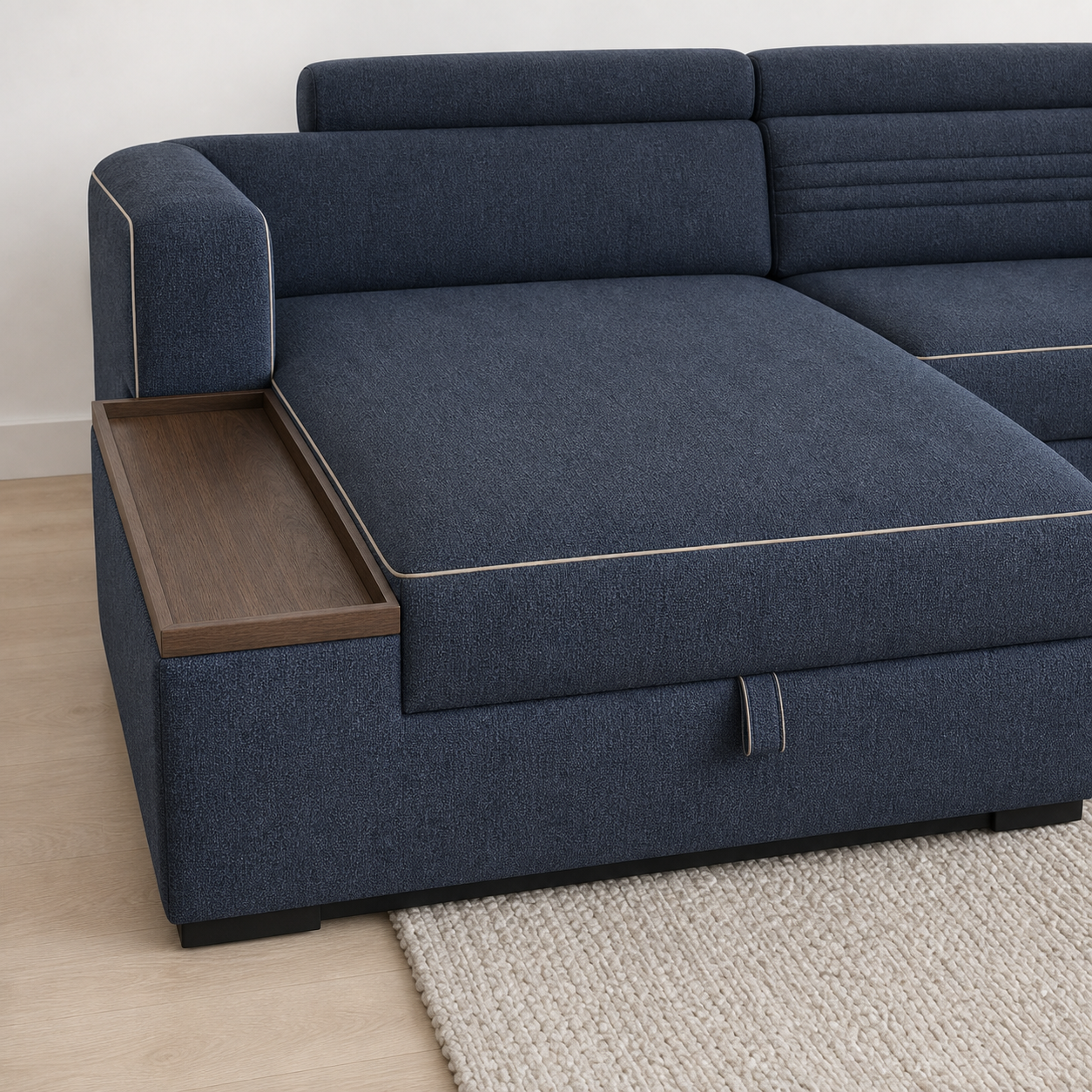 Quest sectional sofa blue upholstery and construction close-up