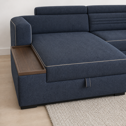 Quest sectional sofa blue upholstery and construction close-up