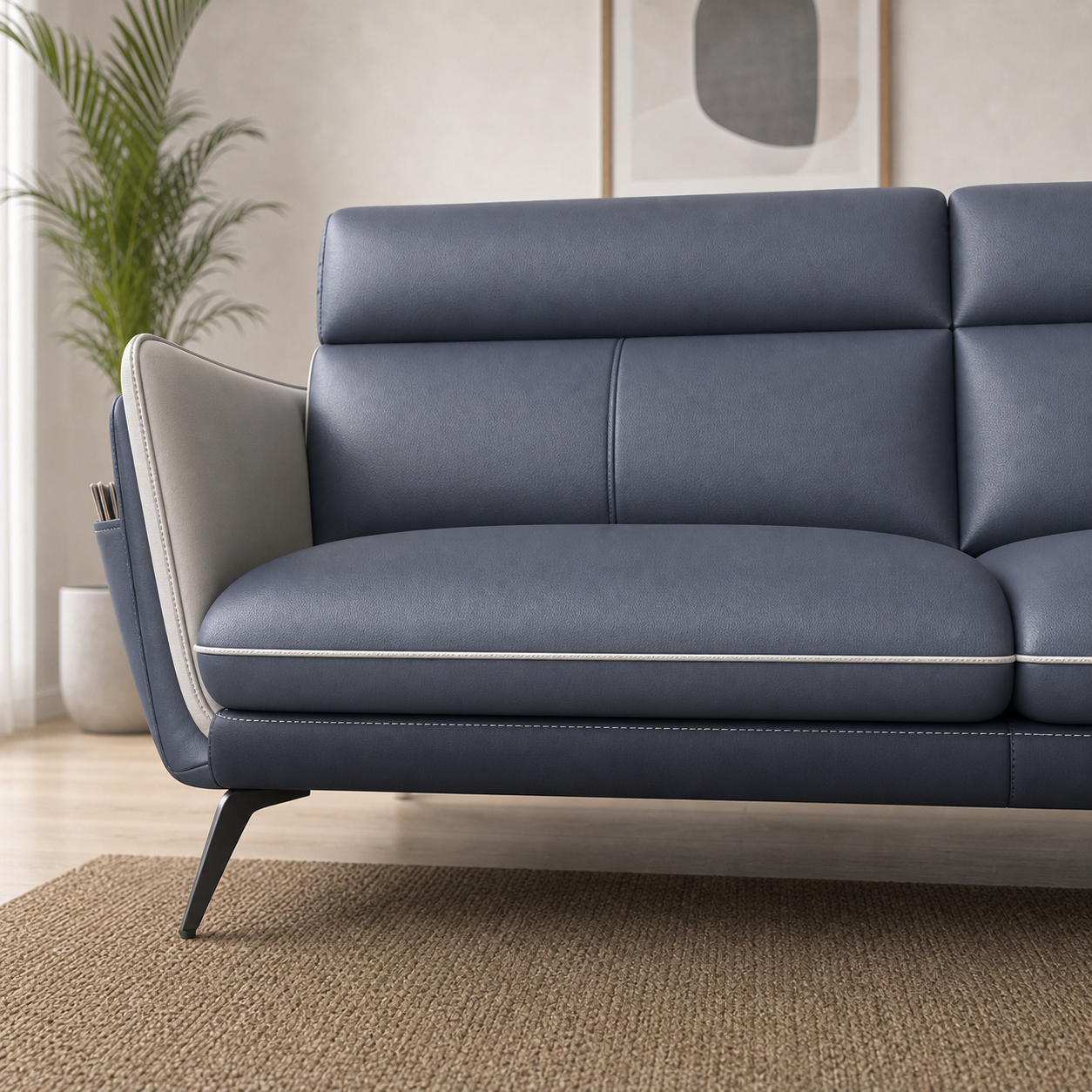 Rio sectional sofa blue upholstery and construction close-up
