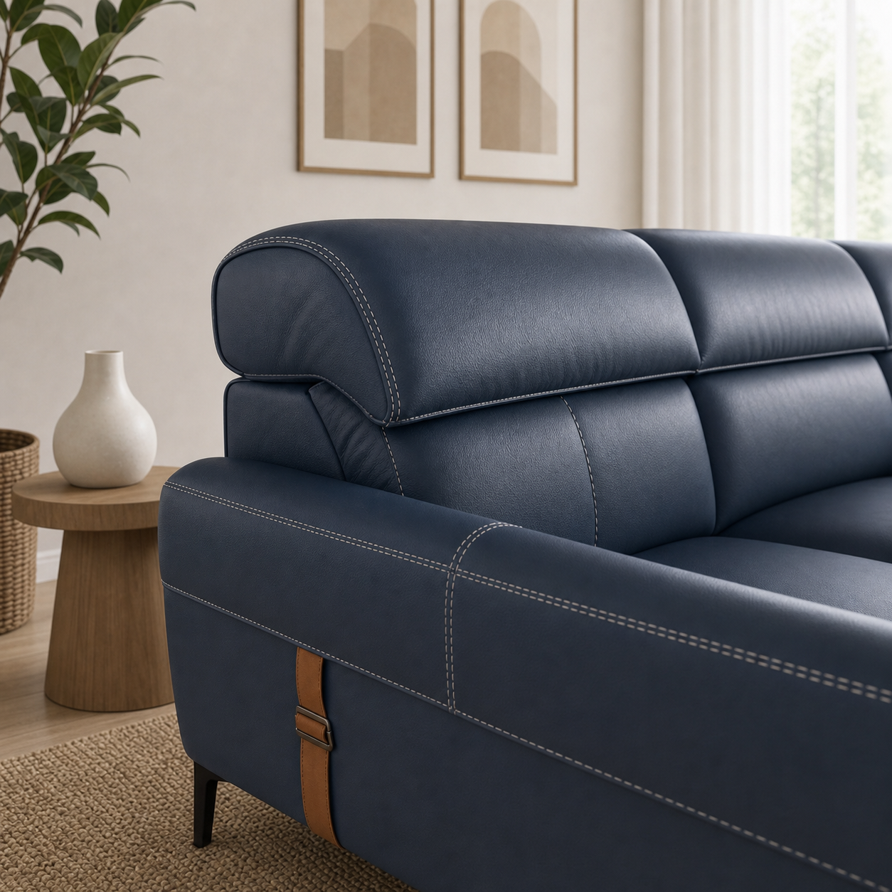 Tango sectional sofa blue upholstery and construction close-up