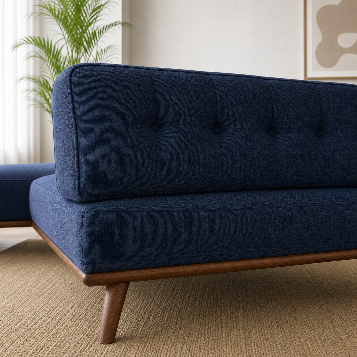 Halo sectional sofa blue upholstery and construction close-up