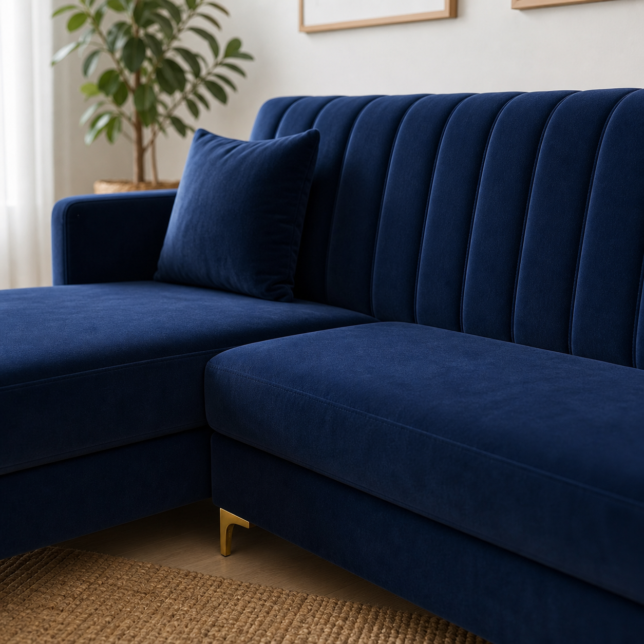 Dazzle sectional sofa blue upholstery and construction close-up
