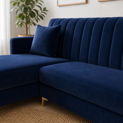 Dazzle sectional sofa blue upholstery and construction close-up