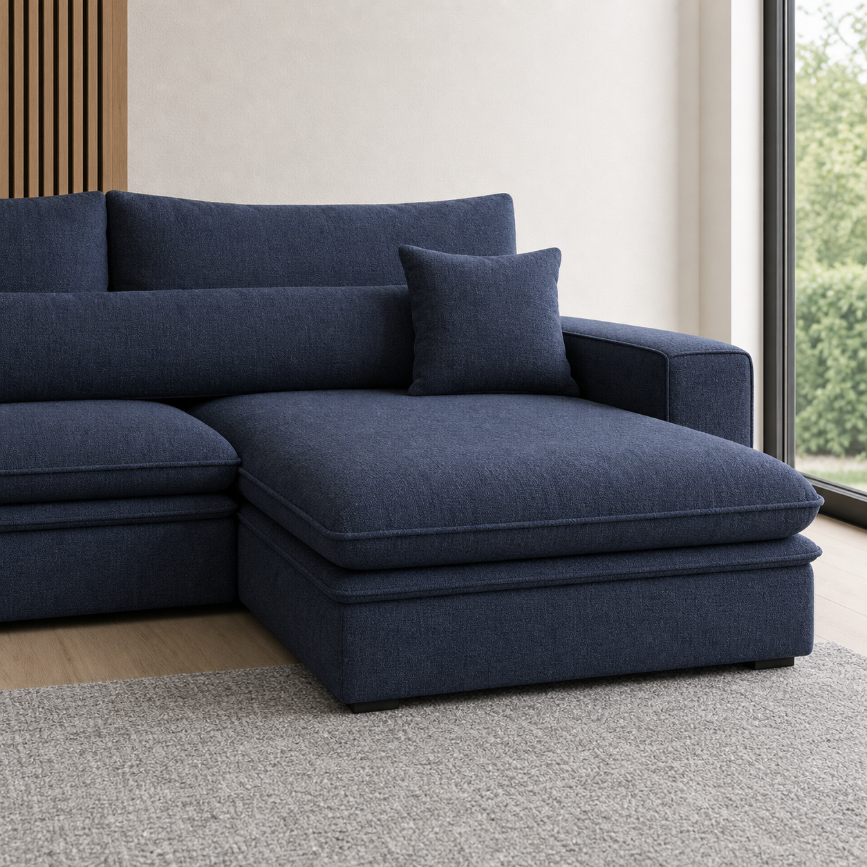Wave sectional sofa blue upholstery and construction close-up
