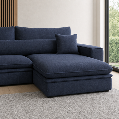Wave sectional sofa blue upholstery and construction close-up