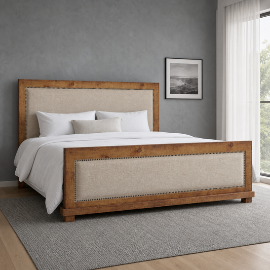 Brek - Bed, complete front three-quarter bed view in a restrained bedroom