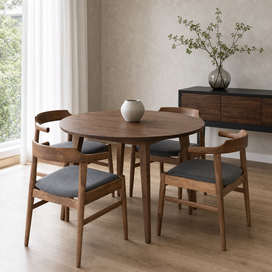 Bryn - Wooden Top Dining Table, complete front three-quarter dining view in a contemporary room