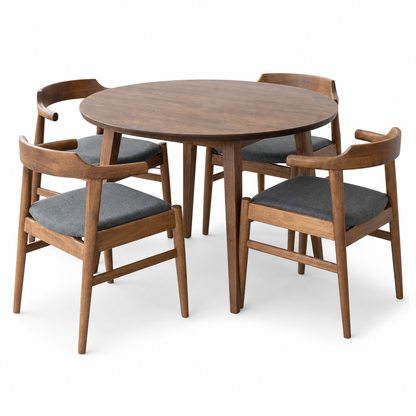 Bryn - Wooden Top Dining Table, complete set front three-quarter studio view
