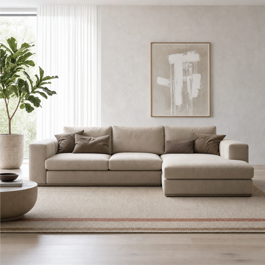 Cello - L shape sectional sofa in greige fabric, front view in a modern living room