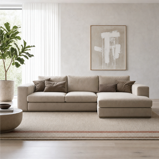 Cello - L shape sectional sofa in greige fabric, front view in a modern living room