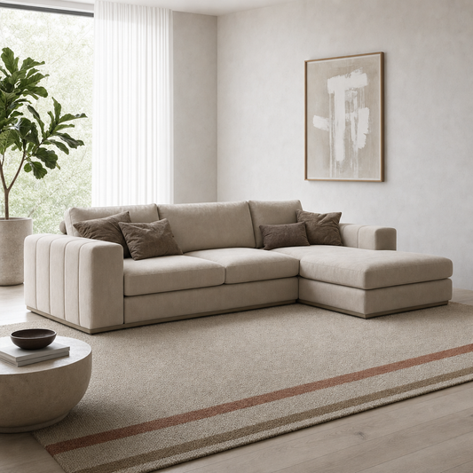 Cello - L shape sectional sofa, three-quarter view showing the chaise and depth