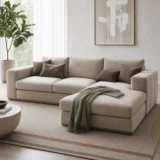 Cello - L shape sectional sofa styled with a sage-green throw