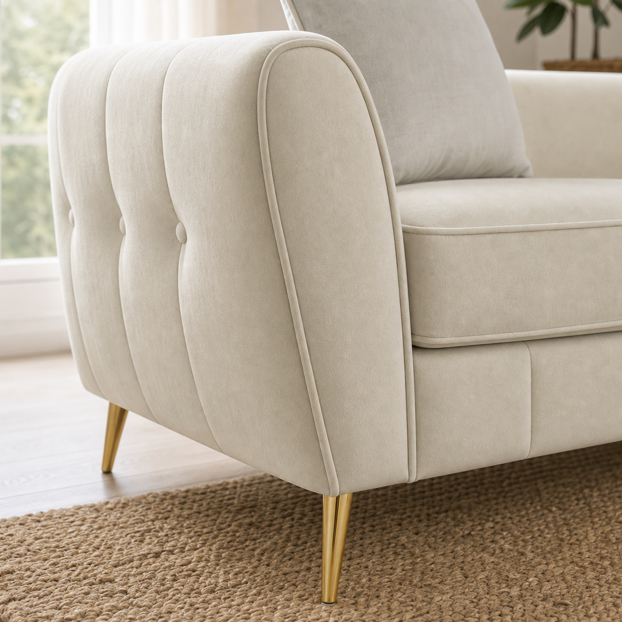 Detail view of Chime - 3+2+1 Sofa Set upholstery, seams, base, and legs