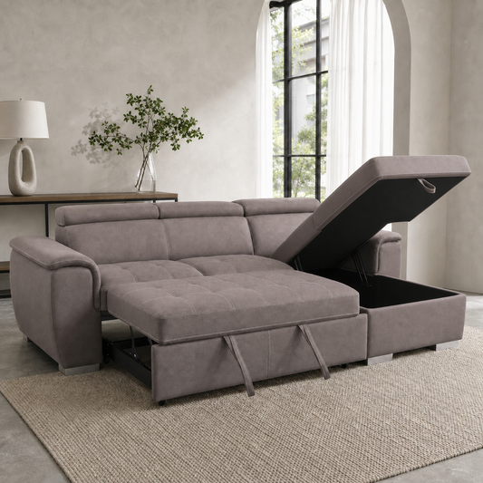 Clora - Sofa bed, fully open sofa-bed hero in a contemporary living room