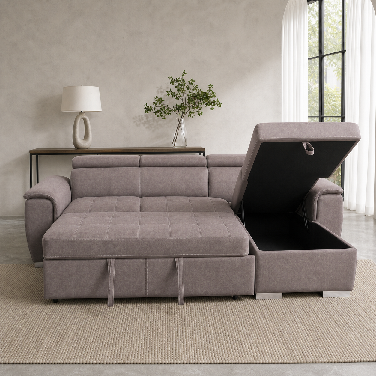 Clora - Sofa bed, front view verifying the fully open footprint
