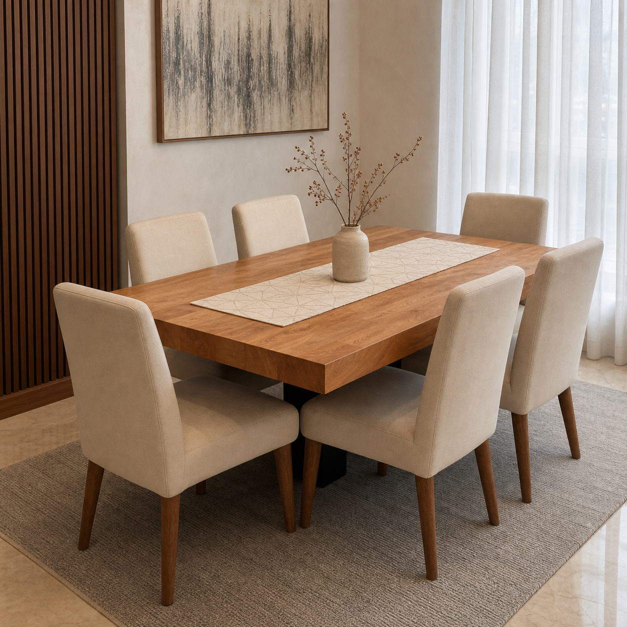 Cole - Wooden Top Dining Table, complete front three-quarter dining view in a contemporary room