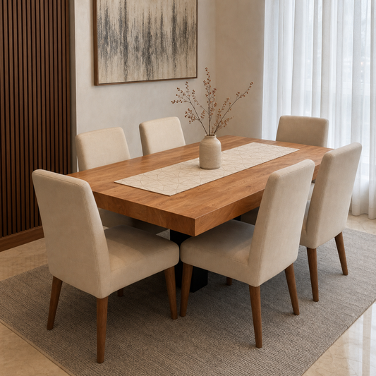 Cole - Wooden Top Dining Table, complete front three-quarter dining view in a contemporary room