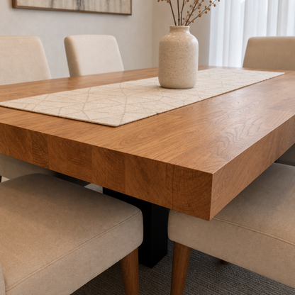 Cole - Wooden Top Dining Table, close tabletop and construction detail