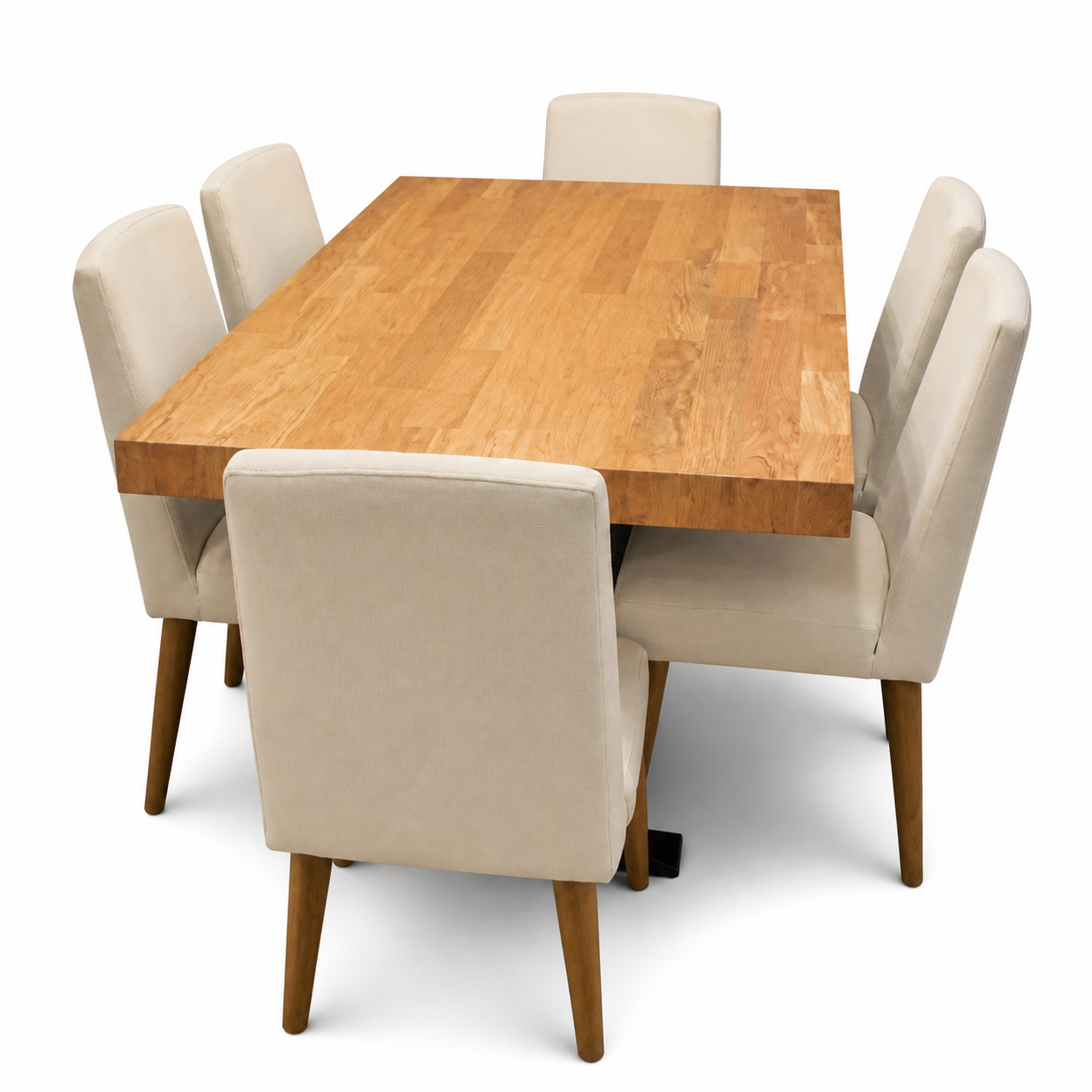Cole - Wooden Top Dining Table, complete set front three-quarter studio view