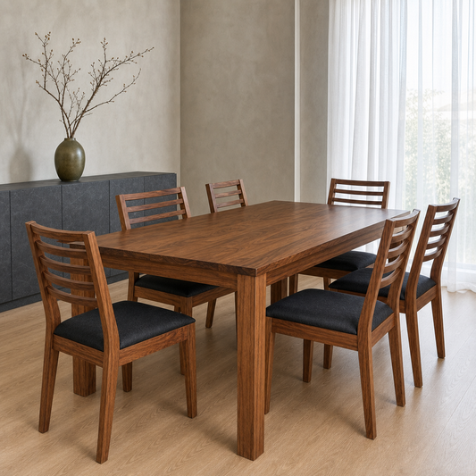 Cora - Wooden Top Dining Table, complete front three-quarter dining view in a contemporary room