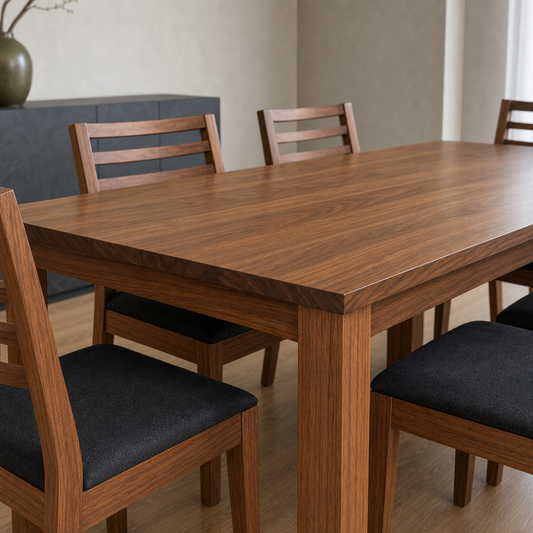Cora - Wooden Top Dining Table, close tabletop and construction detail