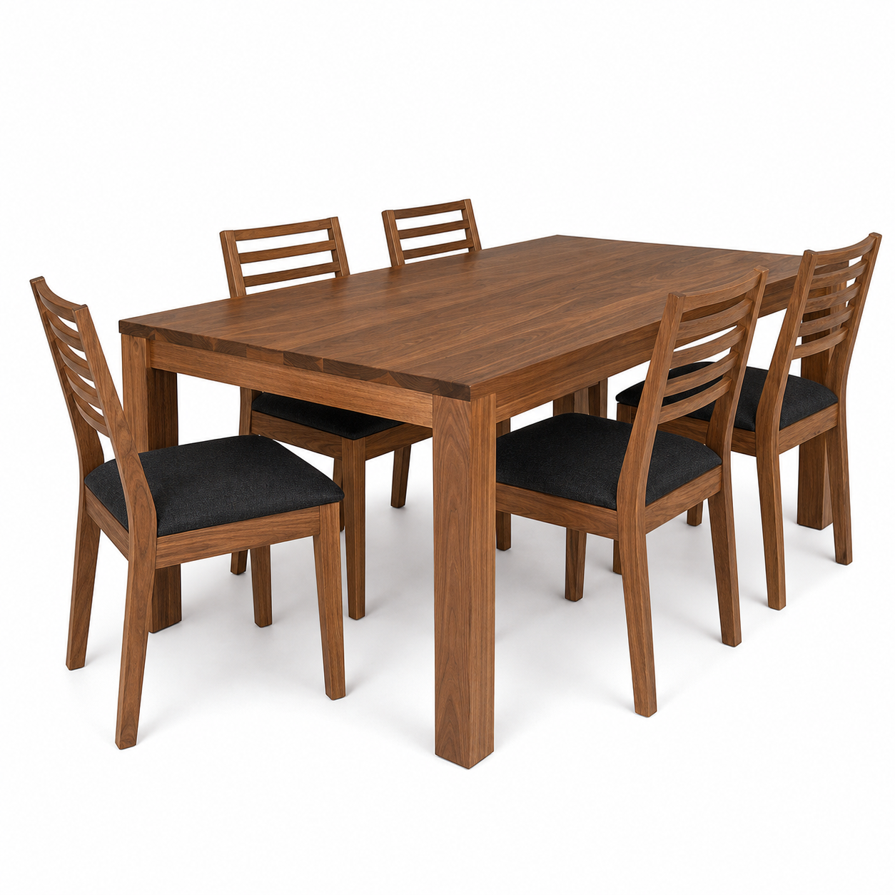 Cora - Wooden Top Dining Table, complete set front three-quarter studio view