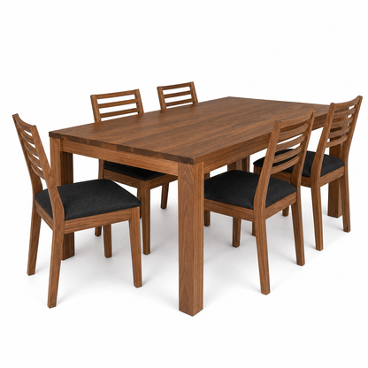 Cora - Wooden Top Dining Table, complete set front three-quarter studio view