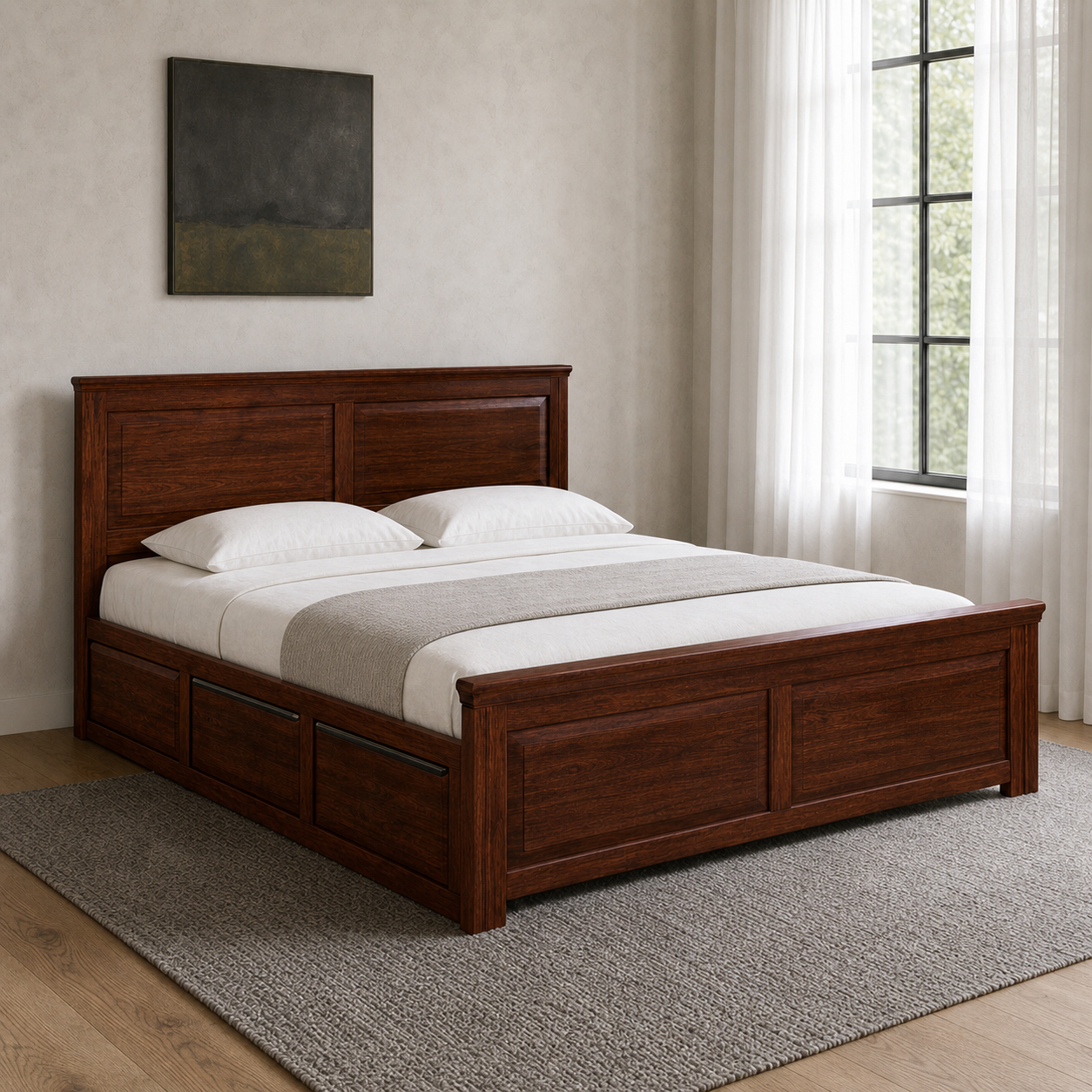 Davi - Bed, closer made-bed view showing the complete frame construction