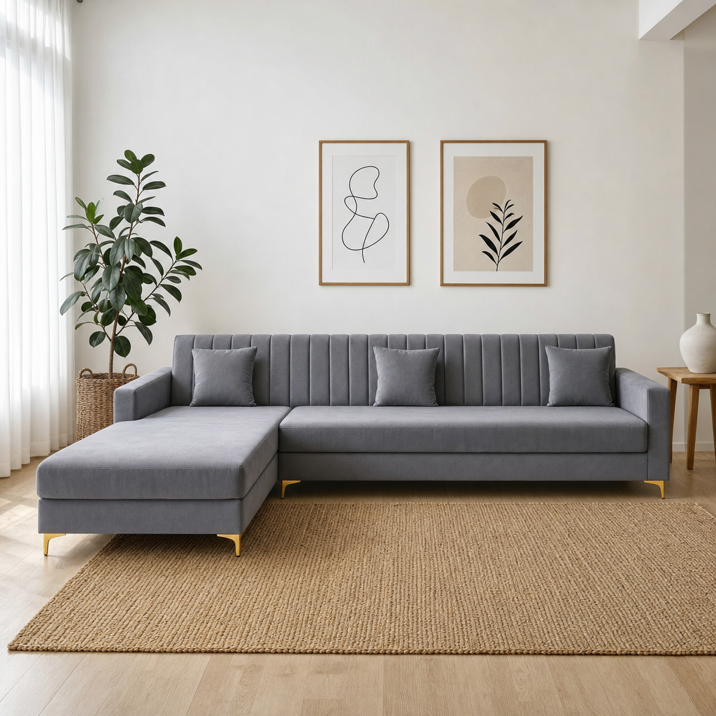 Dazzle - L shape sectional sofa in grey velvet, front view in a modern living room