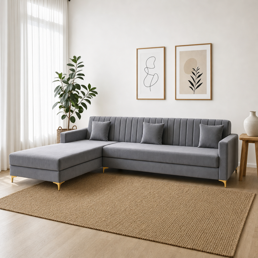 Dazzle - L shape sectional sofa, three-quarter view showing the chaise and depth